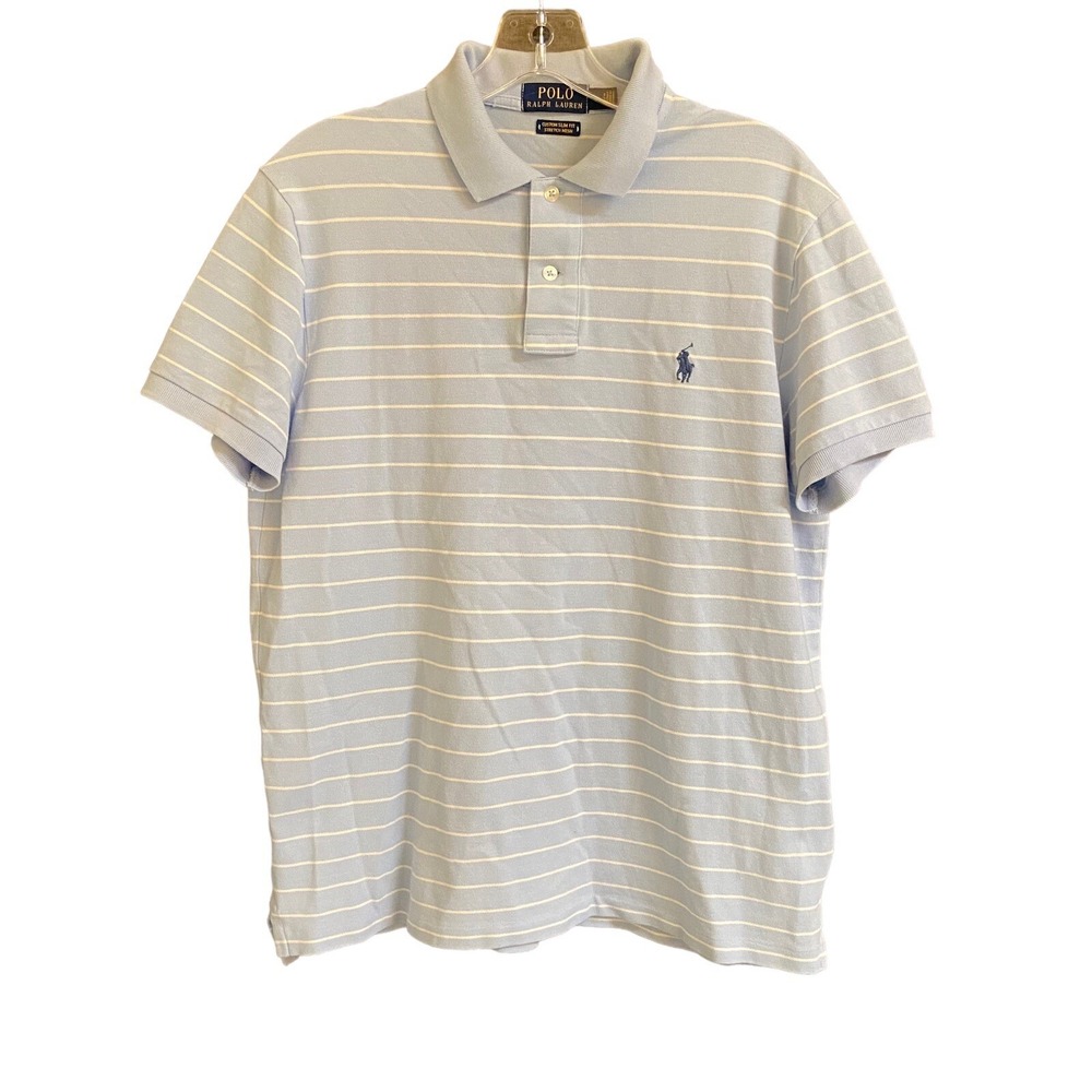 Polo‎ Ralph Lauren Men's Polo Shirt Sz M Light Blue Striped Pony Logo Button